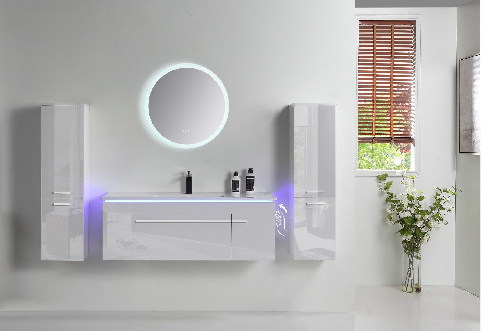 Faizee Möbel Badmöbel-Set Badmöbel Set 90/120 cm Weiß komplett Set mit LED, (Komplett-Set, 5-St), badmöbel set Weiß komplett Set LED-Spiegel mit Touch-Funktion