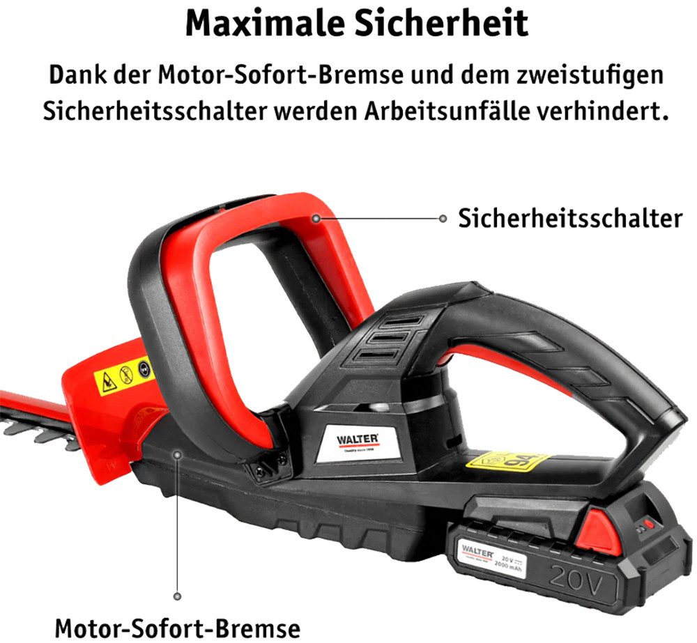 WALTER Akku-Heckenschere 20V Akku Heckenschere inkl. 2Ah Akku und Ladegerät, Schnittlänge: 45 cm