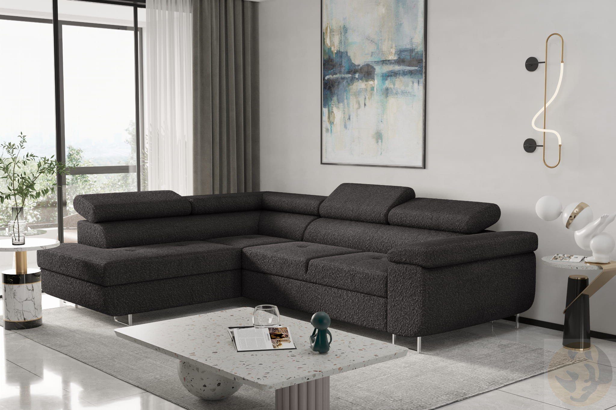 Friderik-EU Ecksofa ANTONIA Moderne Couch auf Metallbeinen, Bettkasten, Schlaffunktion, verstellbare Kopfstützen