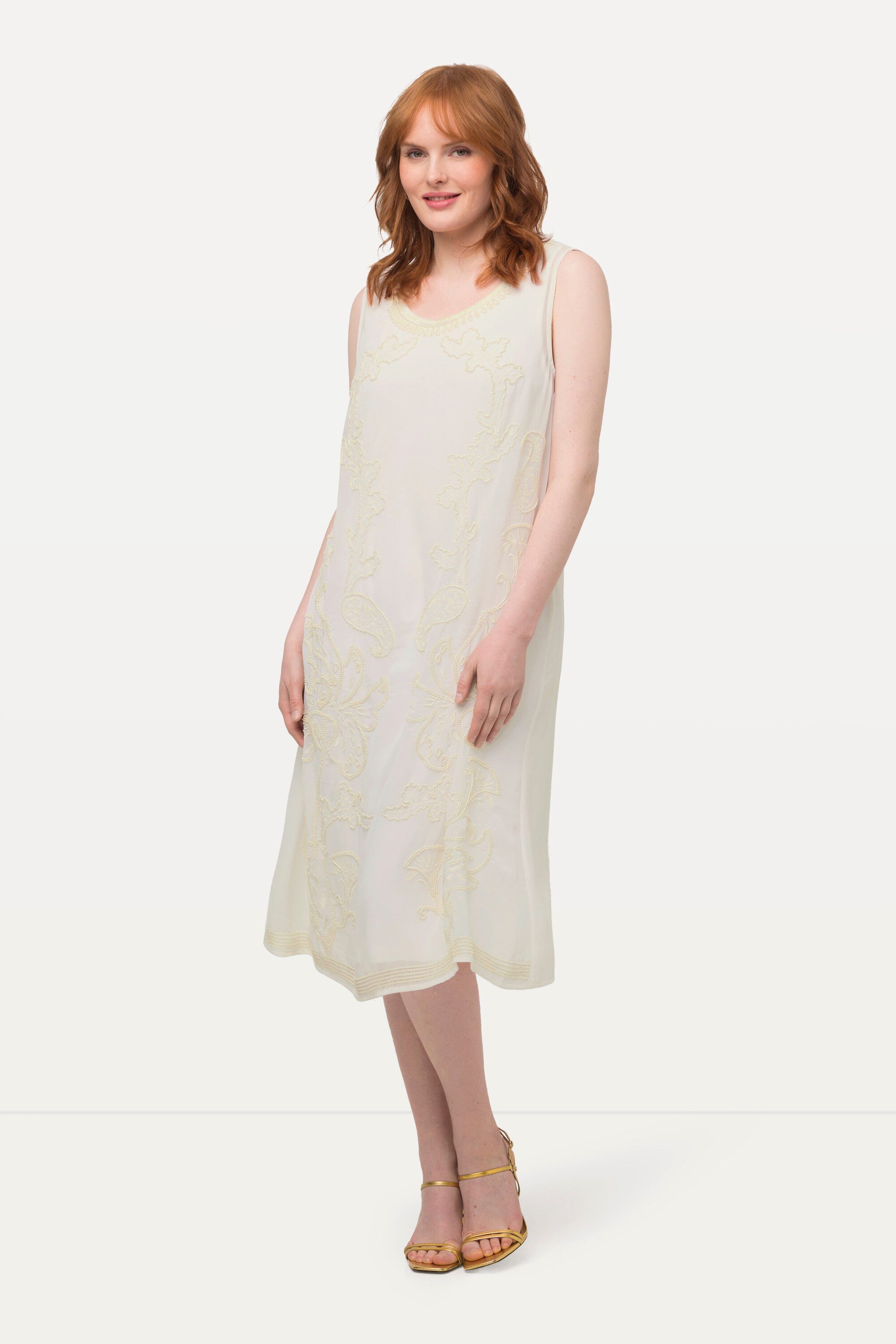 Cocktailkleid Kleid doppellagig Perlen A-Linie Rundhals ärmellos