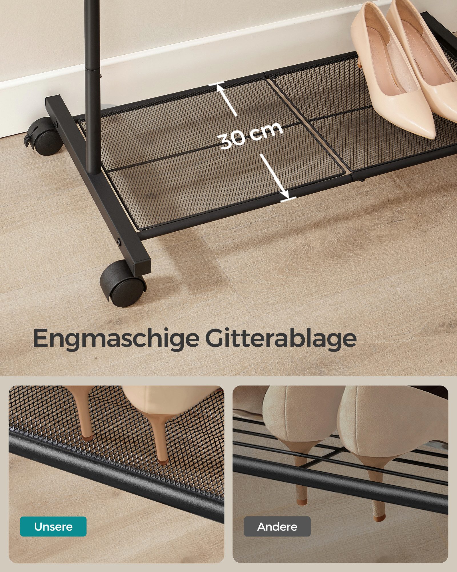 SONGMICS Kleiderständer Garderobenständer Kleiderstange auf Rollen, bis 35 kg belastbar, 74 cm breit, mit Gitterablage, Stahlrahmen – Bild 4 von 5