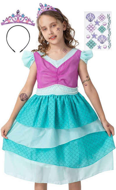 Corimori Prinzessin-Kostüm Meerjungfrau Prinzessin Kostüm Kleid für Kinder, Set mit Tattoos & Diadem, Kostüm, Karneval, Fasching, Mermaid, Arielle