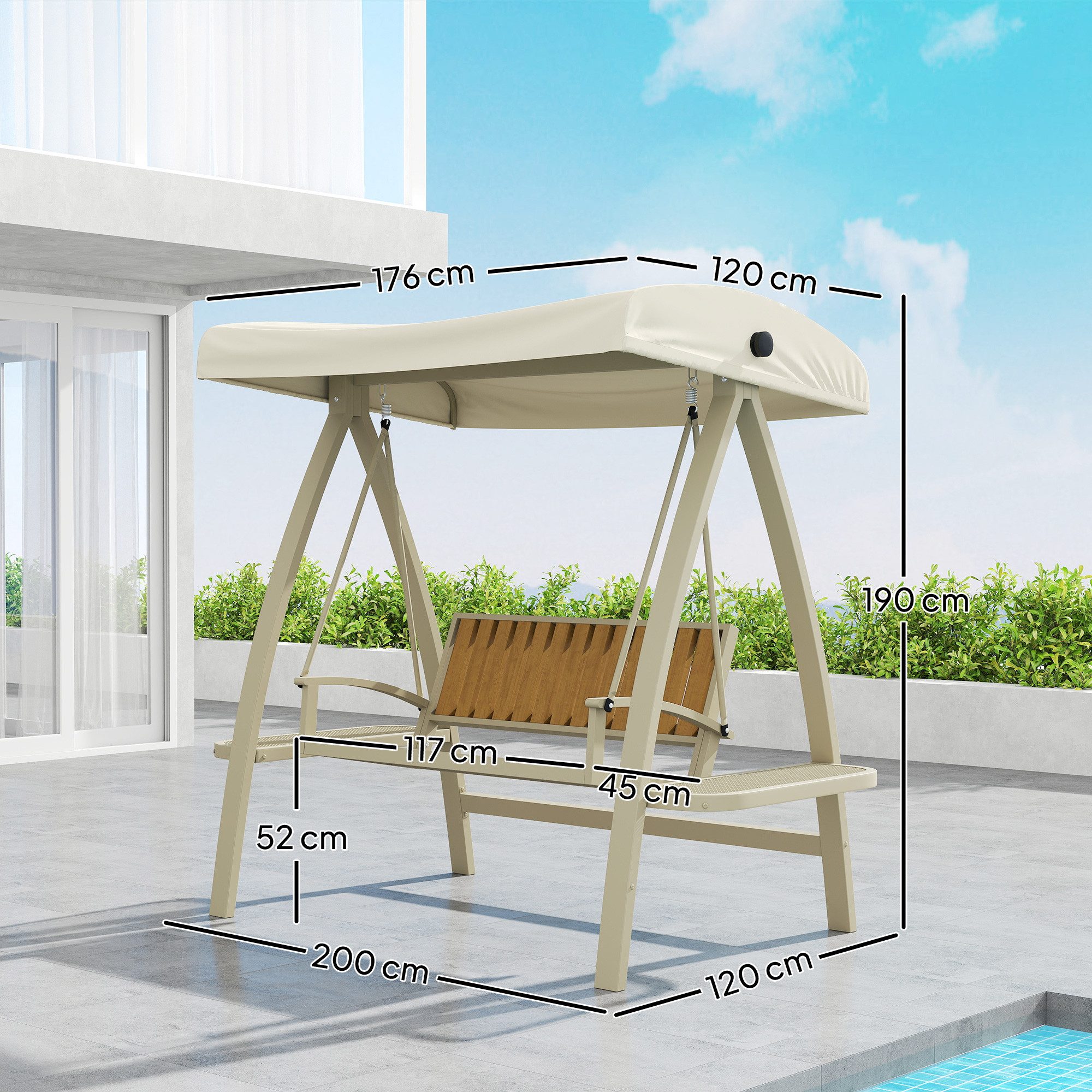 Outsunny Hollywoodschaukel mit verstellbarem Sonnendach, Seitentisch, 2-Sitzer, Schaukelfunktion, 2-Sitzer Gartenschaukel, 1 tlg., Schaukelbank, bis 240kg, für Garten, Terrasse, 200 x 120 x 190cm, Beige