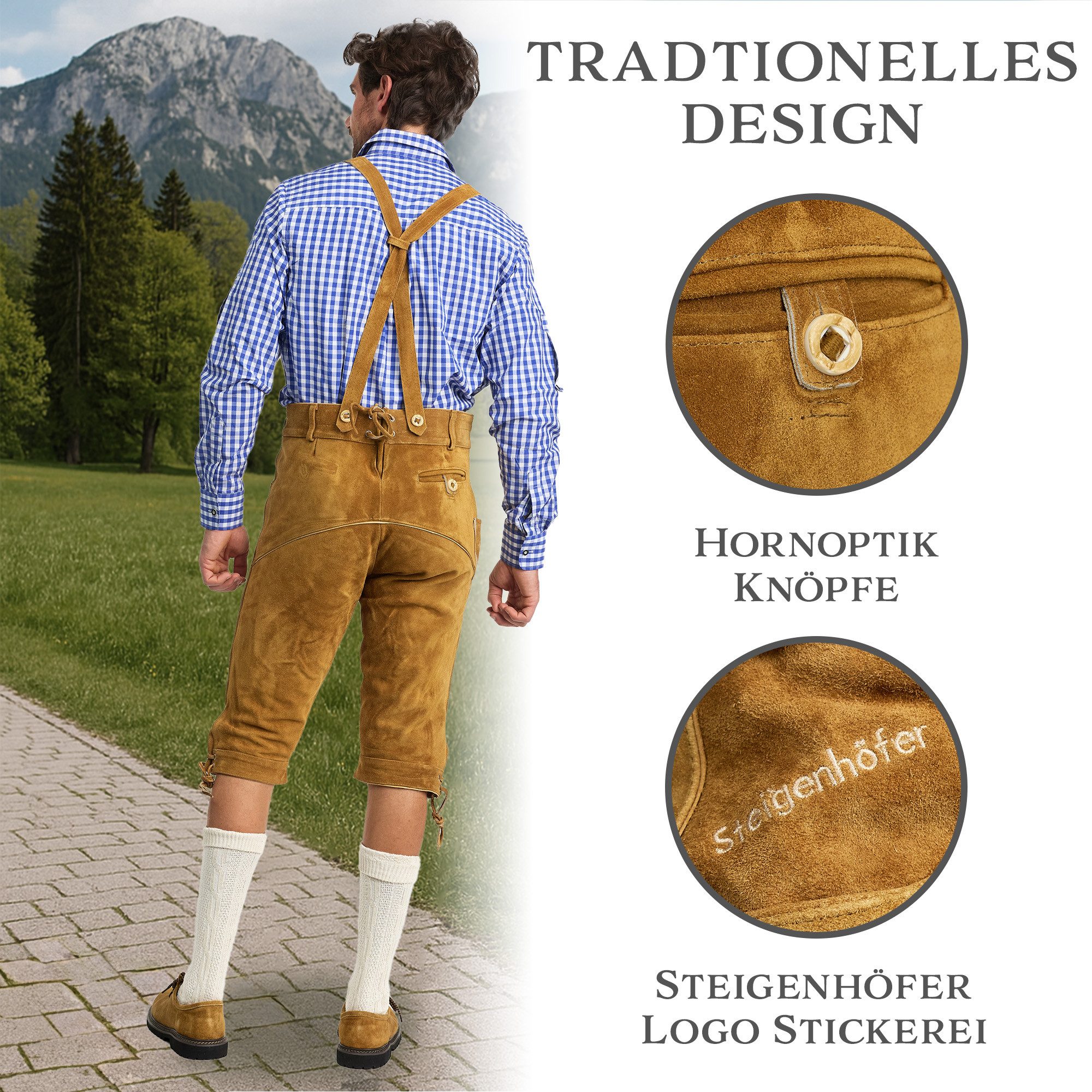 Steigenhöfer Manufaktur Trachtenlederhose Lederhose Herren Tracht Kniebund - Reinhold - 100% Rindsleder (Inklusive verstellbarer Träger) Traditionelle Echtleder – Bild 3 von 5