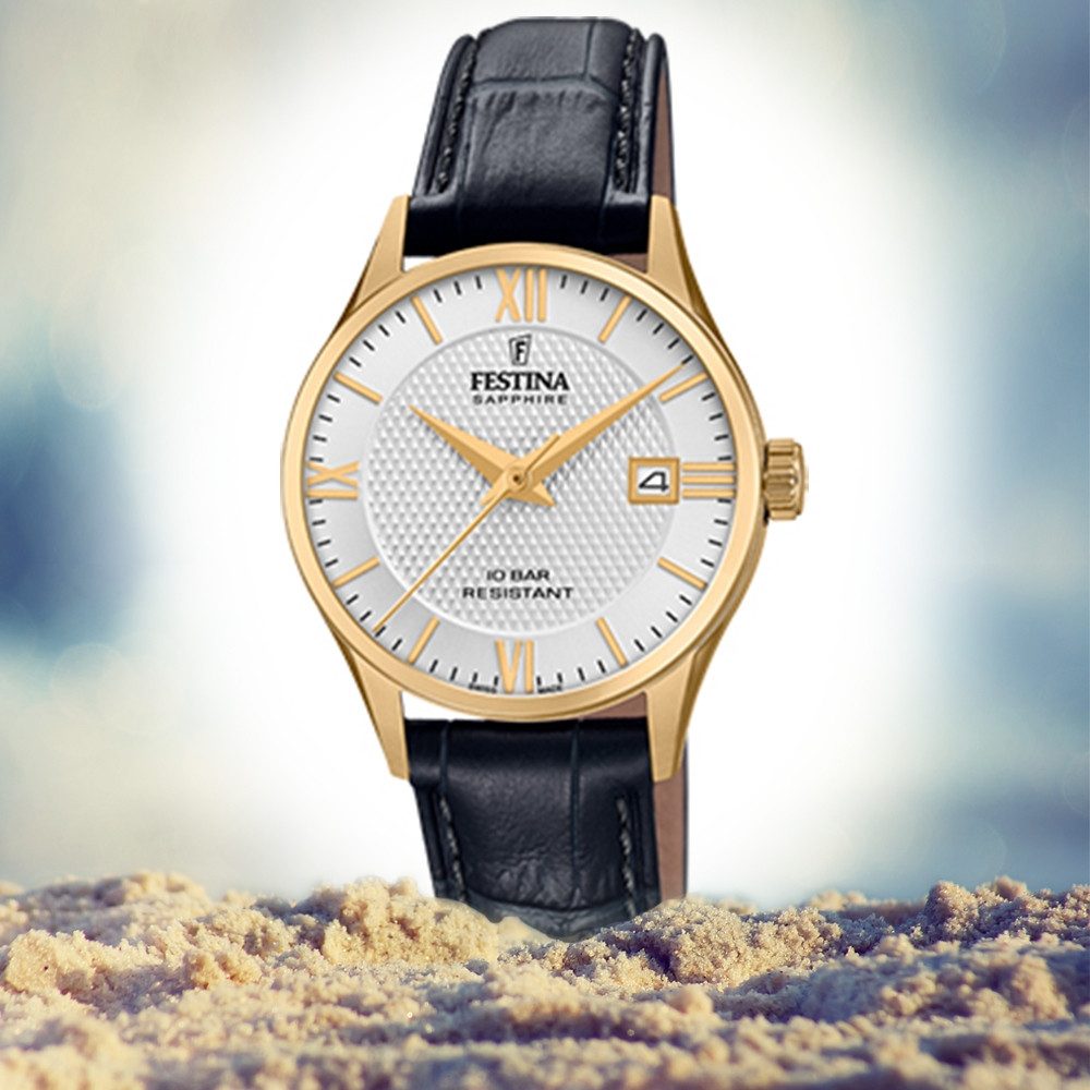 Festina Quarzuhr Festina Damen Uhr F20011/1 Leder, (Analoguhr), Damen Armbanduhr rund, Lederarmband schwarz, Elegant