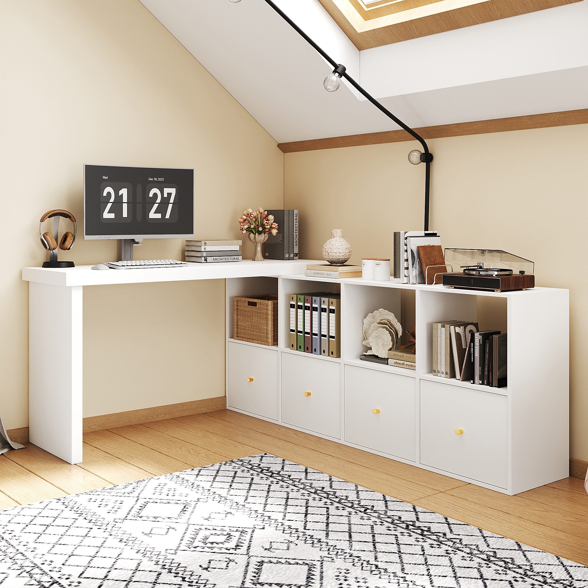 STILVORA Schreibtisch L-förmige Ecktisch 360° schwenkbar/gerade aufstellbar mit Schubladen (Ecksschreibtisch, Drehbar 360 Grad, flexibe aufstellbar mit Sideboard, mit 4 Fächern, Tischplatte und Beine 4 cm verstärkt), Arbeitsfläche (120×48×78 cm) mit Sideboard (140×35×74 cm)
