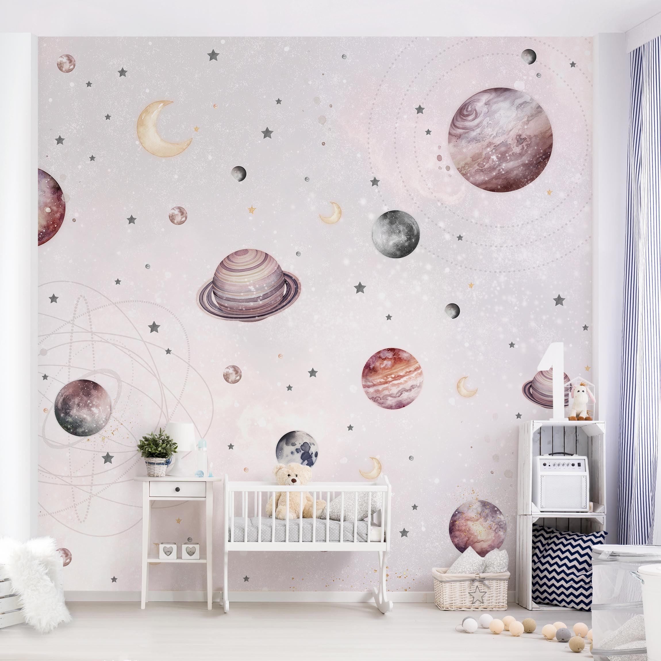 Bilderdepot24 Kindertapete Planeten Mond Sterne Aquarell Illustration Kinder Weltall pastell, Glatt, Matt, (Vliestapete inkl. Kleister oder selbstklebend), Mädchenzimmer Jungenzimmer Babyzimmer Bildtapete Fototapete Wandtapete