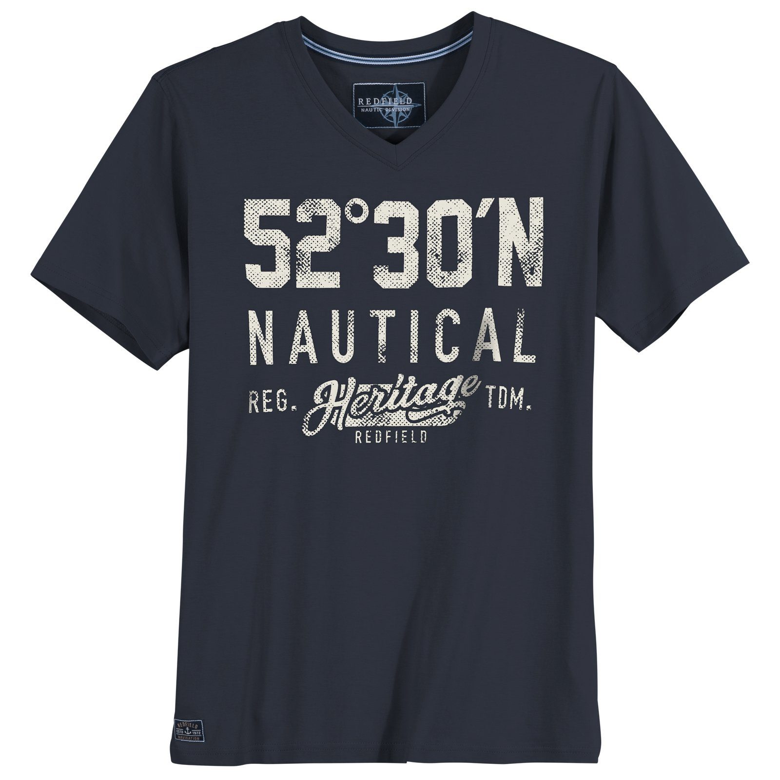 Größen T-Shirt Herren redfield Print-Shirt Redfield navy Große 52°30'N V-Neck