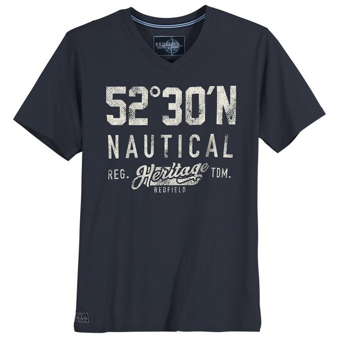 redfield Print-Shirt Große Größen Herren T-Shirt V-Neck 52°30'N navy Redfield