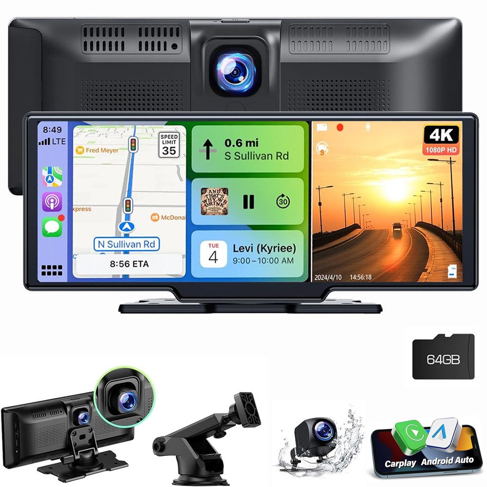 ESSGOO 4K 10.26" Wireless Carplay Android Auto Display Vorne Rückfahrkamera Navigationsgerät (Tragbar Autoradio Rückfahrkamera IPS Touchscreen GPS Navi FM AUX)