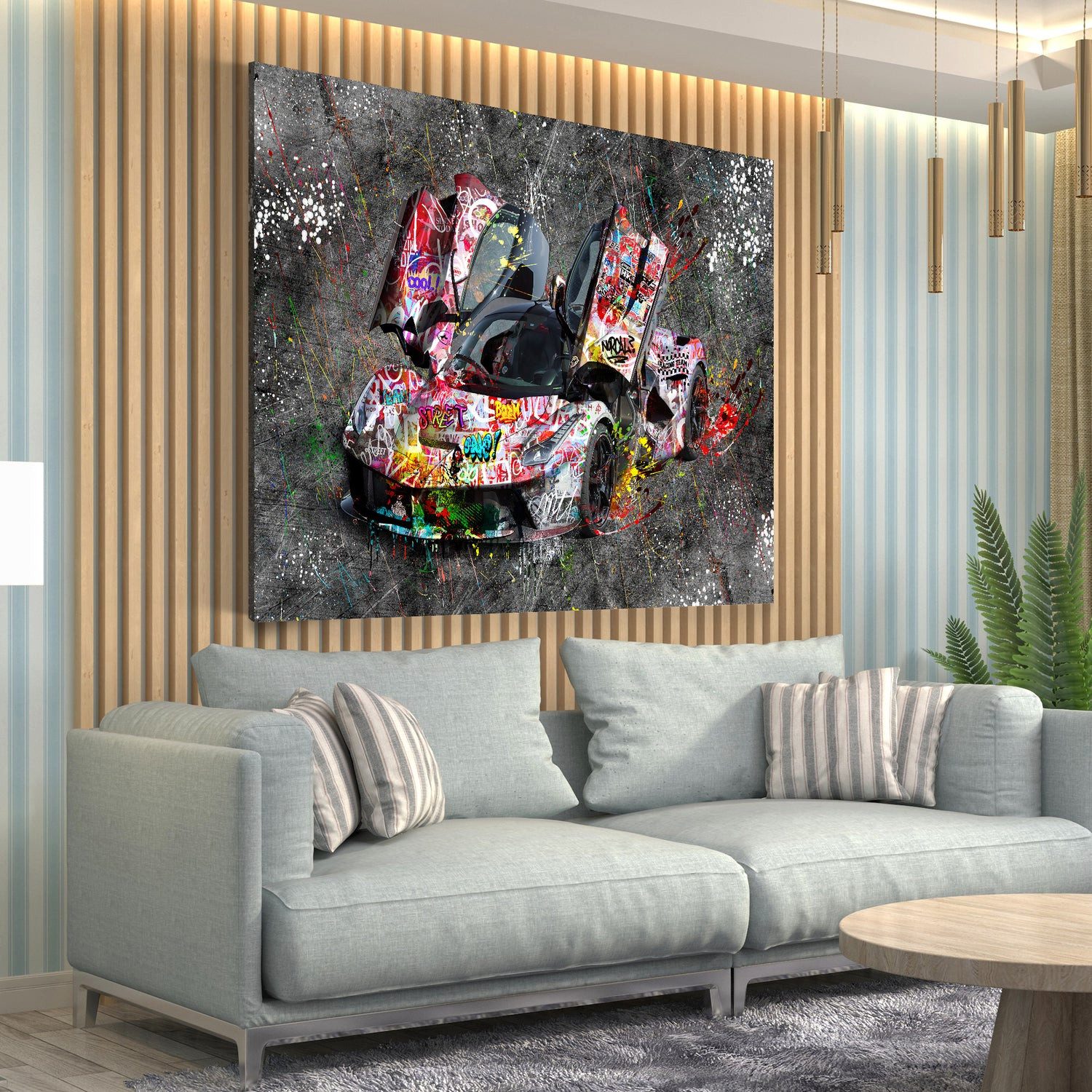 Artedinoi Leinwandbild Sportwagen Graffiti Street Art Auto Leinwandbild Wandbild XXL Deko, Sportwagen im Graffiti-Look