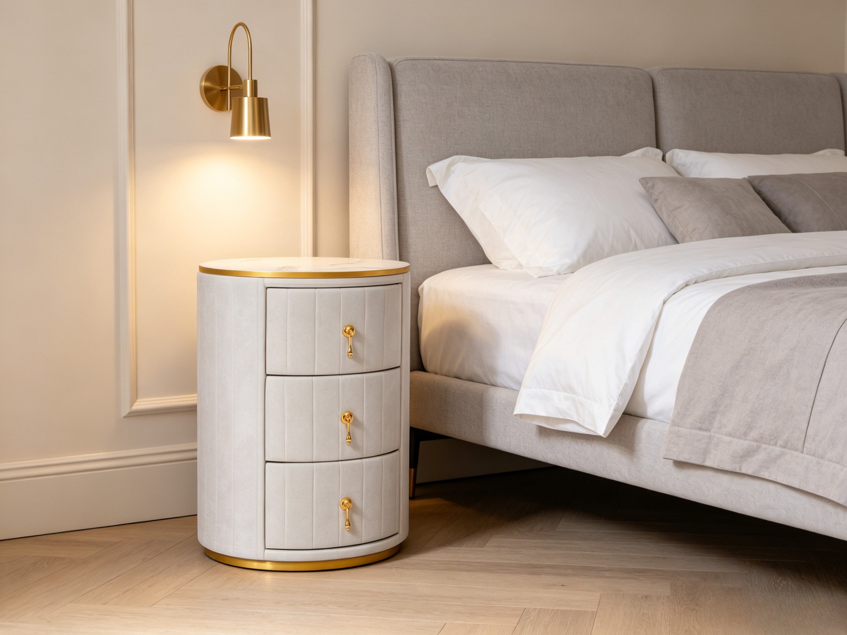 WILLIAMSPACE Nachttisch LUXOR NACHttisch – Ø40cm, Samt, Marmor, Gold, Samtbezug, Marmoroptik,Goldbeschläge