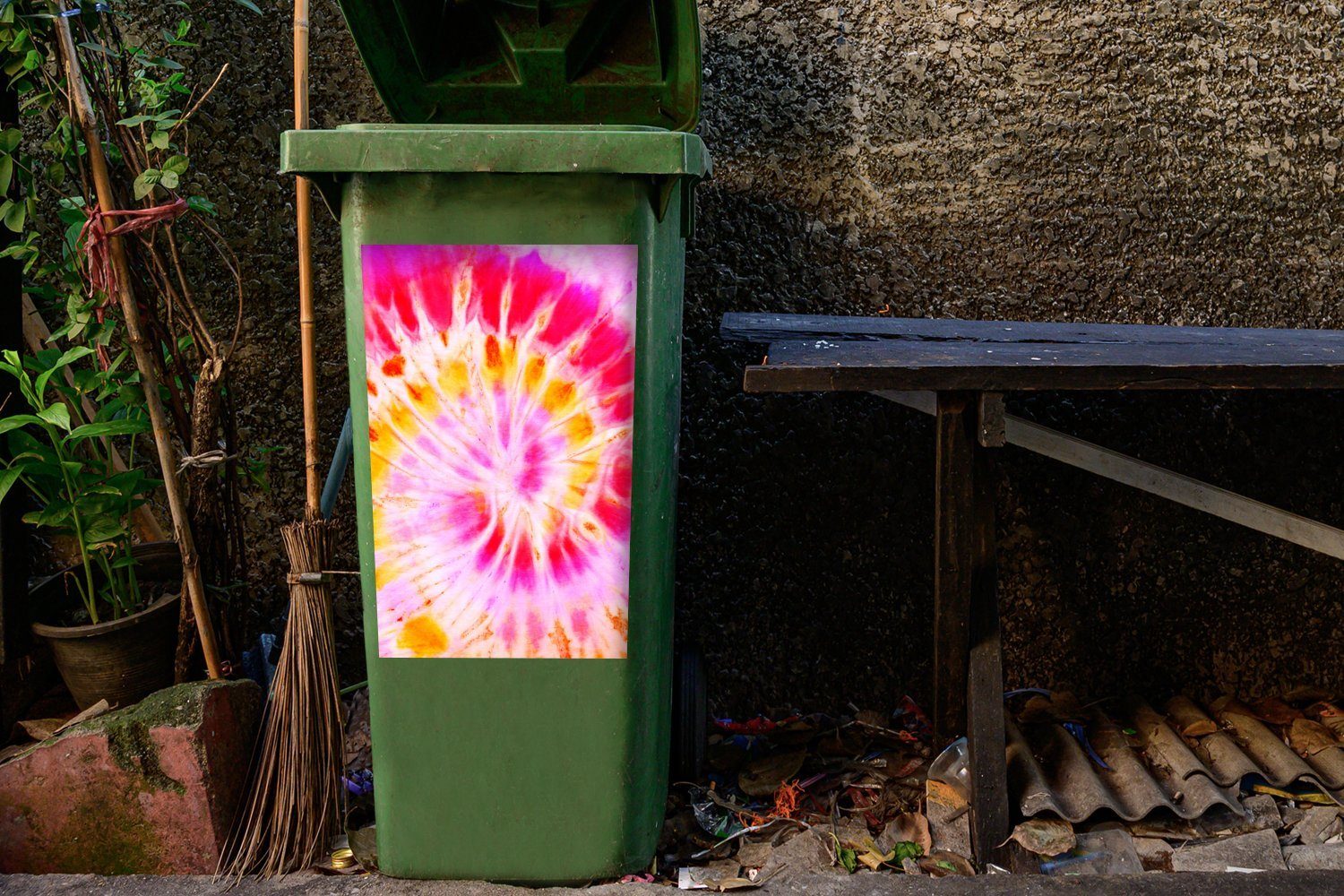 MuchoWow Wandsticker Krawattenfärbung - Gelb (1 Container, - Mülleimer-aufkleber, St), Rosa Abfalbehälter Mülltonne, Sticker