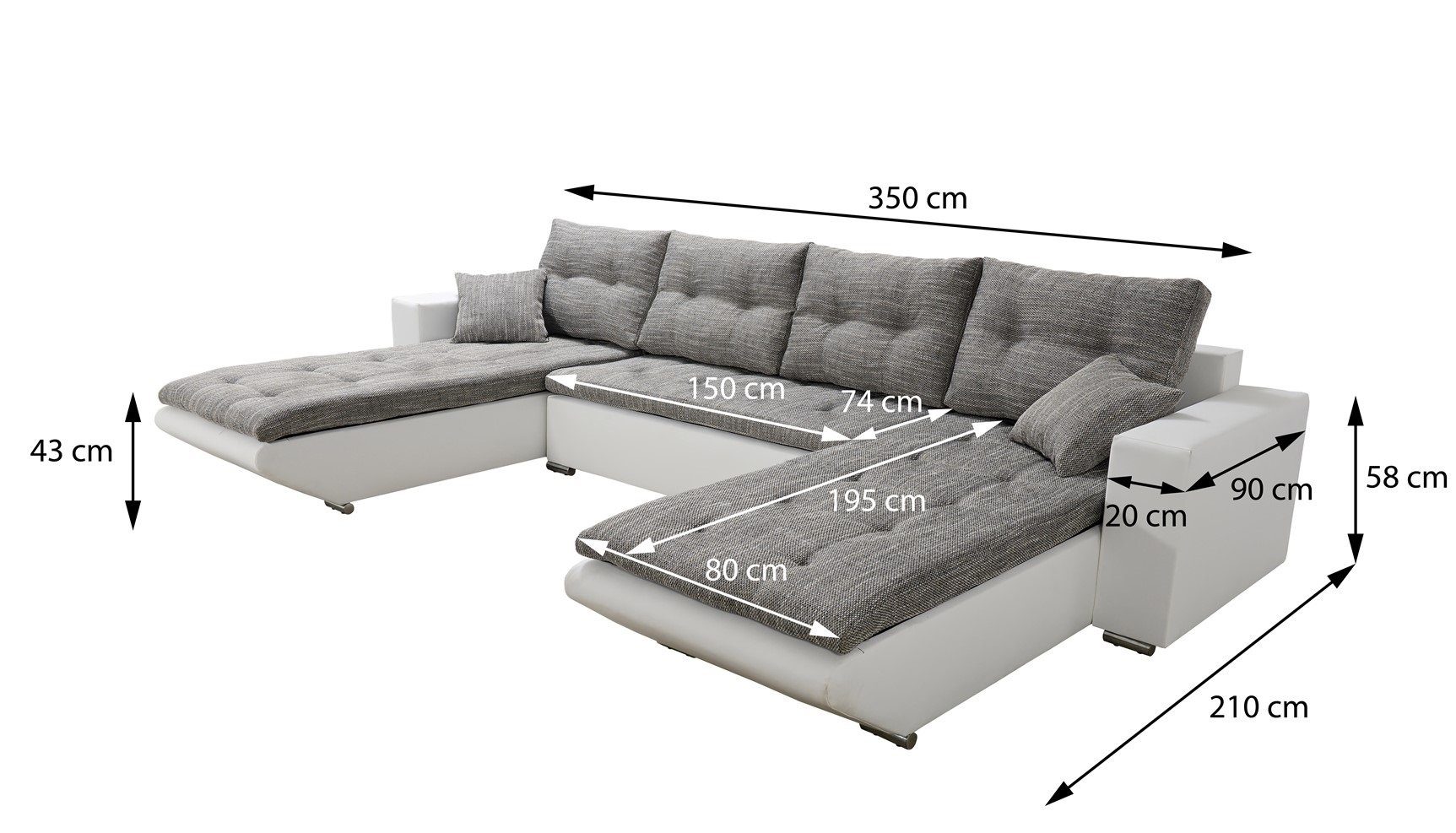 Mit Fun Wohnlandschaft Wohnlandschaft NINO Sofa Möbel inkl. Schlaffunktion, mit Rückenkissen, XL Bettkasten Schwarz-Grau Zierkissen und