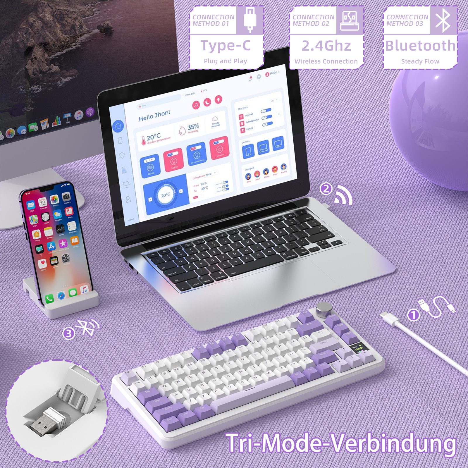 ATTACK SHARK X85PRO Mechanische Tastatur mit drei Modi,TFT-Bildschirm Gaming-Tastatur (75 % CNC-Knopf, 5-lagige Polsterung, Hot-Swap-Linearschalter, RGB)