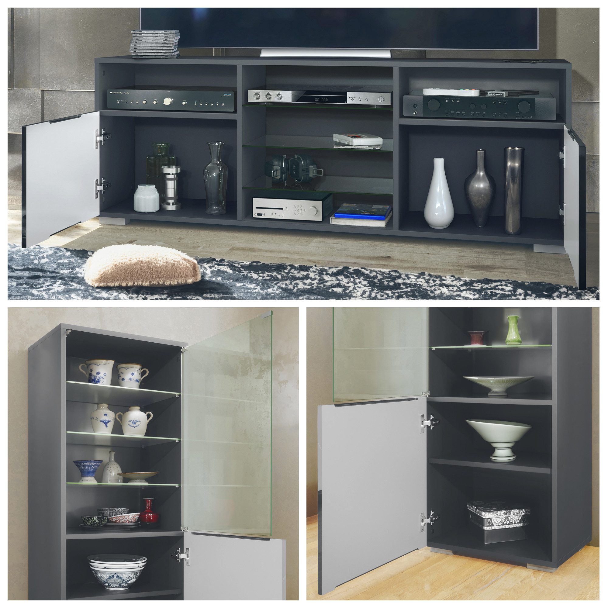 Vladon Wohnwand Granada, (Anbauwand, bestehend aus 2 Vitrinen, 1 TV-Board und LED-Beleuchtung), Anthrazit matt/Denim matt (286 x 122,5 x 35 cm)