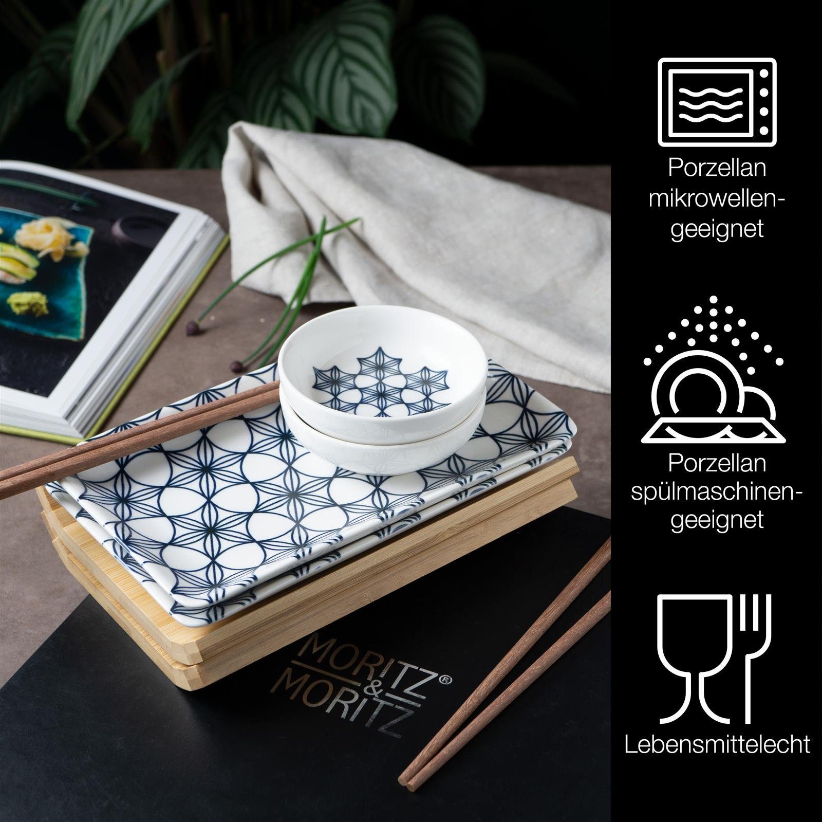 Moritz & Moritz Tafelservice Sushi Set 10tlg Blaue Blumen (8-tlg), 2 Personen, Porzellan, Geschirrset für 2 Personen