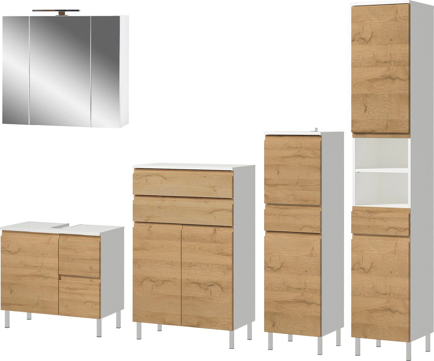 GERMANIA Badmöbel-Set Torrance, (5-St), Unterschrank, Spiegelschrank, Beleuchtung, Kommode, Hochschrank