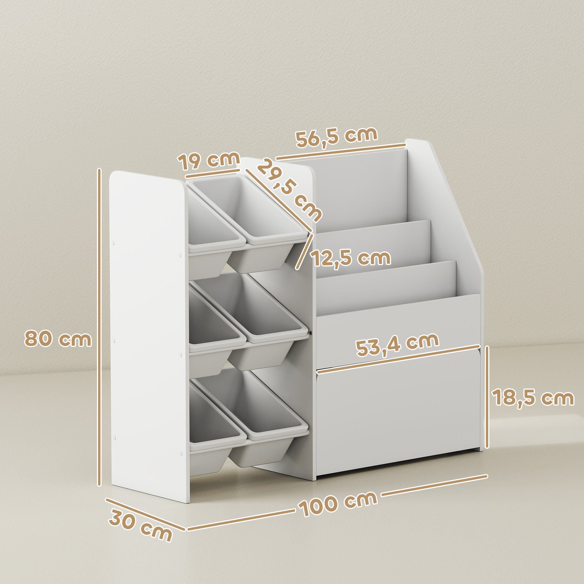AIYAPLAY Spielzeugtruhe mit 6 herausnehmbaren Aufbewahrungsboxen, Bücherablage, rollbarer Box (Kinderregal, 1 St., Kinder-Bücherregal), mit Rädern, für Kinderzimmer, Spielzimmer, 100x30x80 cm, Weiß