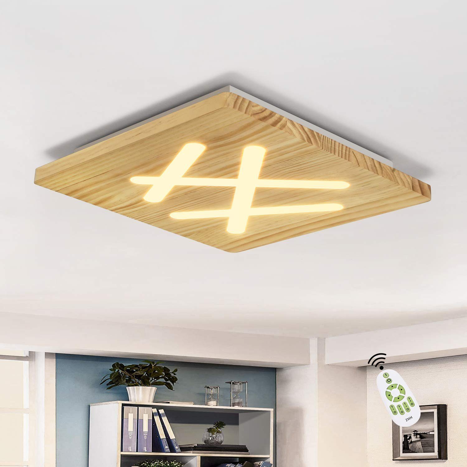 ZMH LED Deckenleuchte Holz Acryl Wohnzimmer 40cm Quadratisch Flurlampe, Dimmer, LED fest integriert