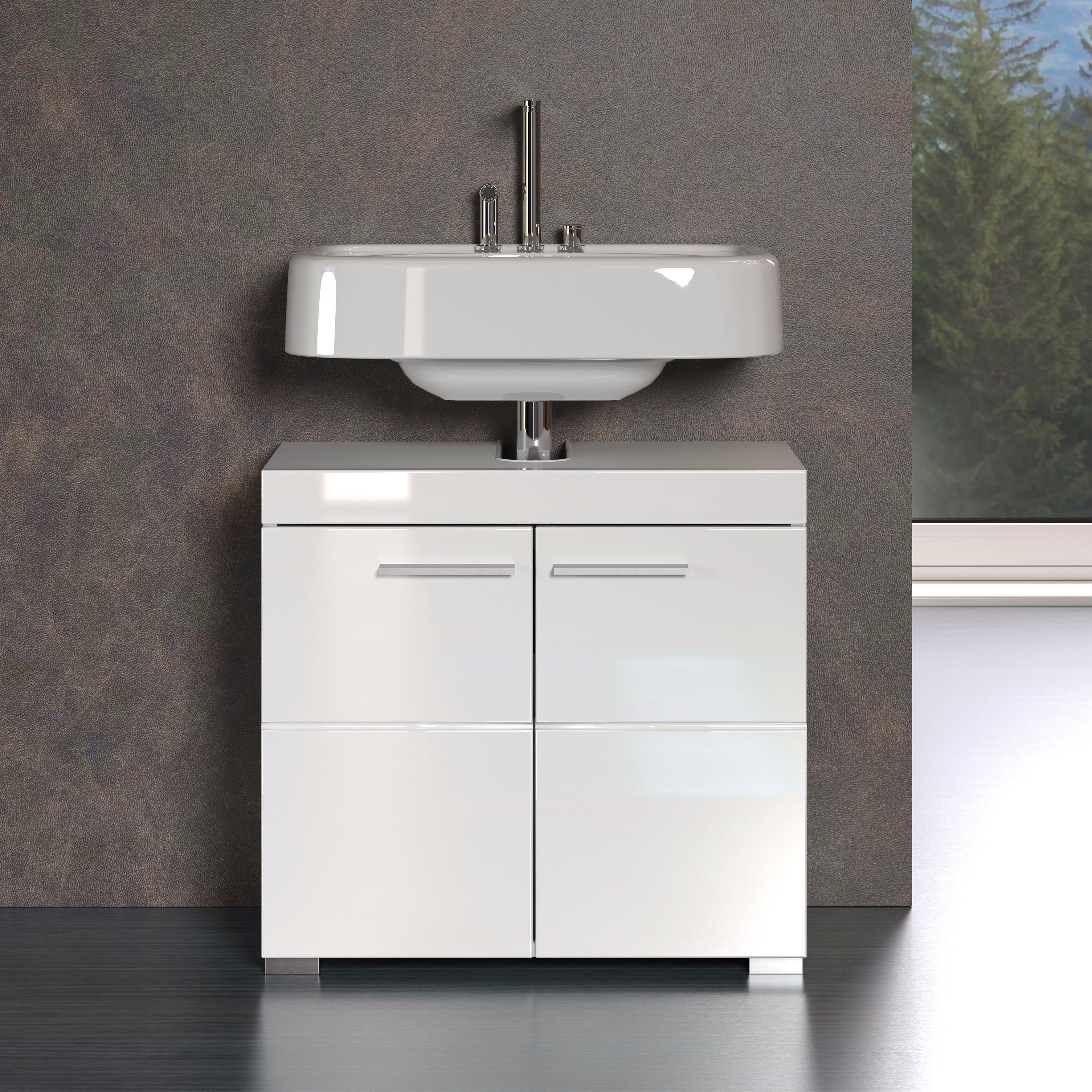 INOSIGN Waschbeckenunterschrank Avena Höhe Aussparung weiß/weiß Türen Badezimmerschrank | Hochglanz mit und 56 cm, 2 matt weiß