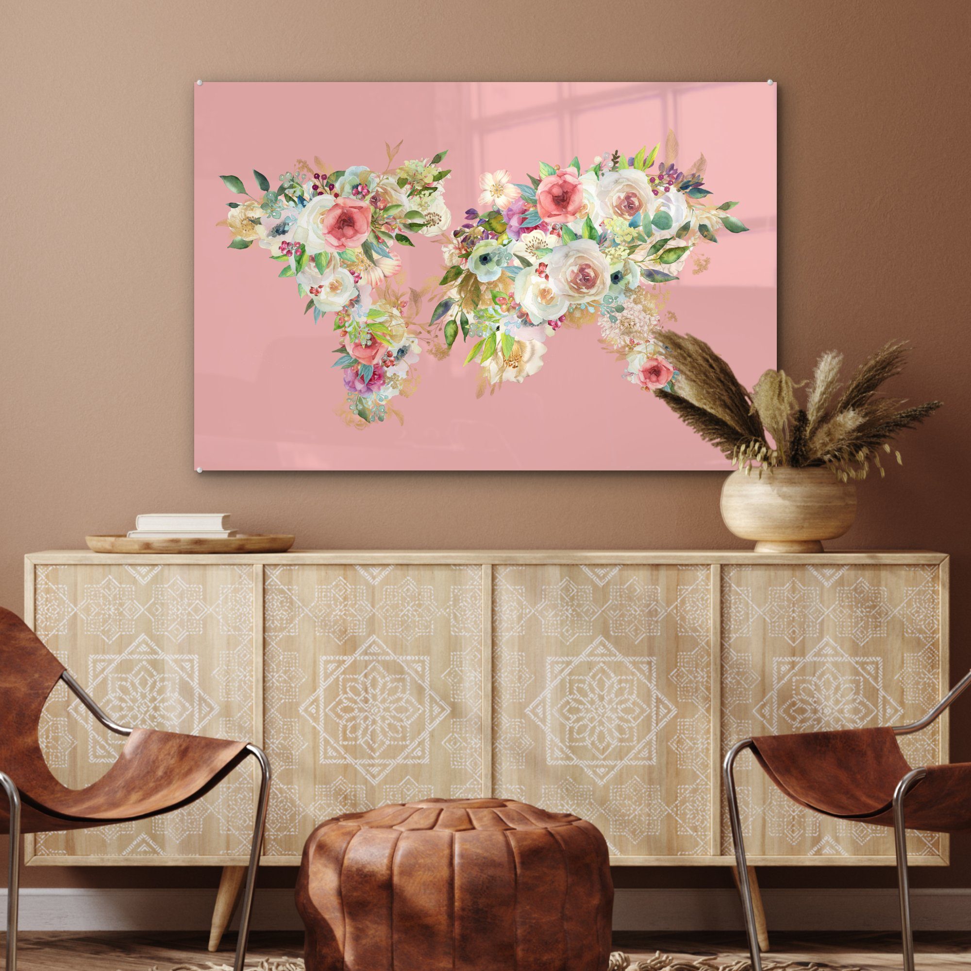 Wohnzimmer - Anemone Acrylglasbilder Rosa, MuchoWow & Schlafzimmer St), Weltkarte Acrylglasbild - (1 Rosen -