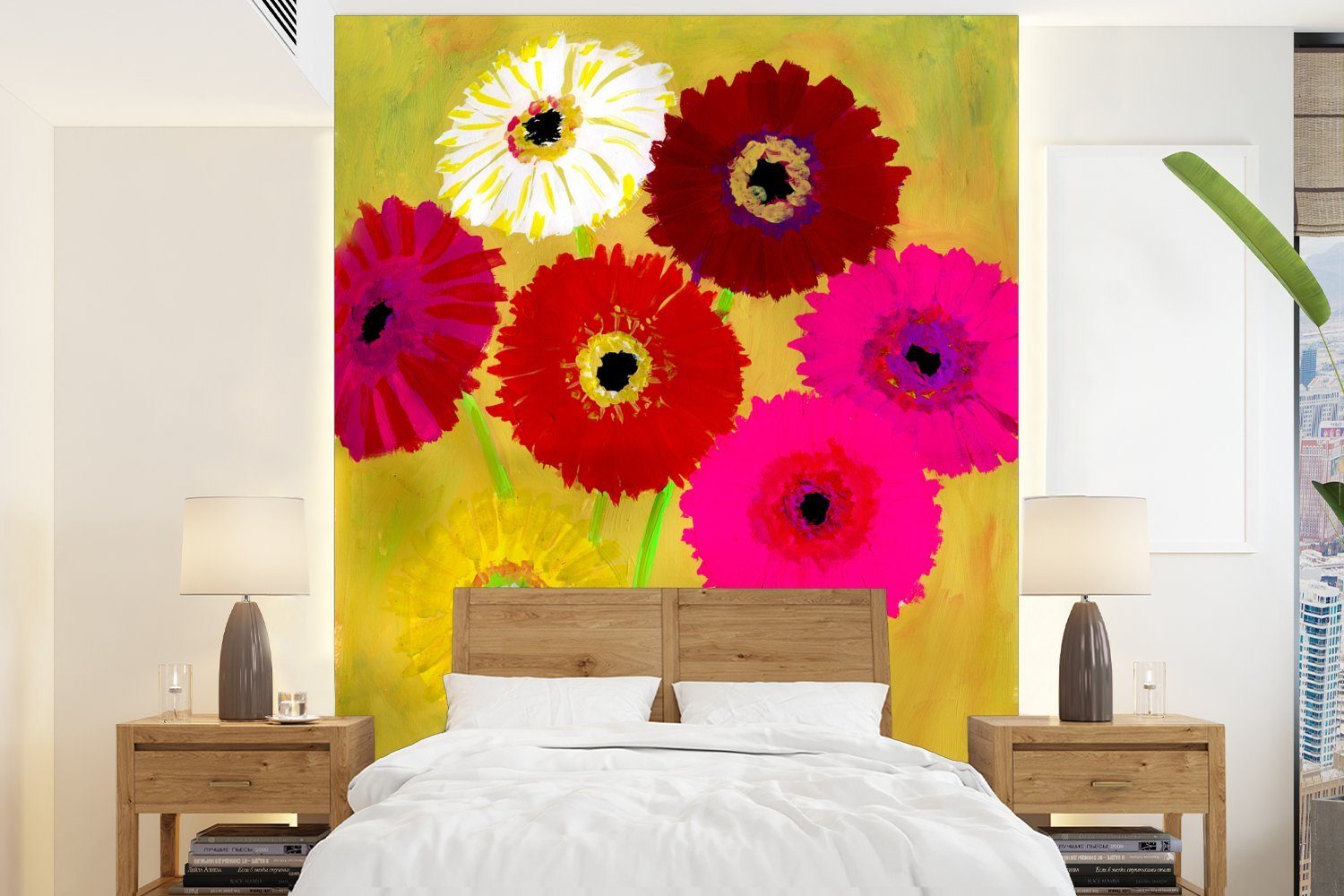 MuchoWow Fototapete Gemälde von Blumen in einer Vase, Matt, bedruckt, (4 St), Montagefertig Vinyl Tapete für Wohnzimmer, Wandtapete