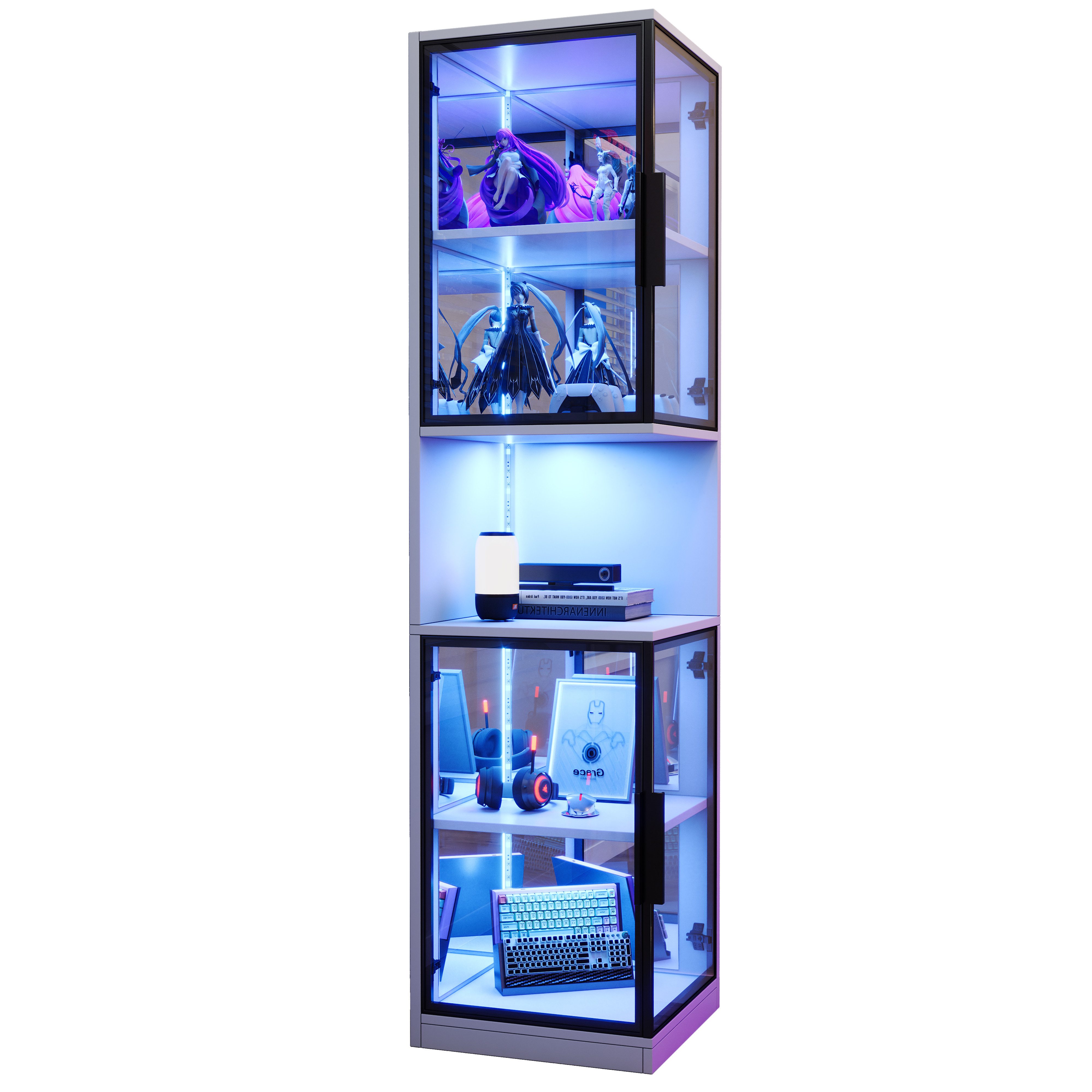 MODFU Vitrine Elegante Vitrine mit Kippschutz & doppelten Glastüren in Weiß (Packung, 1-St., Verspiegelte Rückwand verleiht Ihrer Sammlung beeindruckende Tiefe) 42x205x44 cm, mit vielfältig einstellbarer LED-Beleuchtung