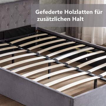 OKWISH Polsterbett Doppelbett (Hydraulisch anhebbarer Bettstauraum, Doppelbett mit Gepolstertes Kopfteil und Lattenrost, Samt-Stoff), 140 x 200cm