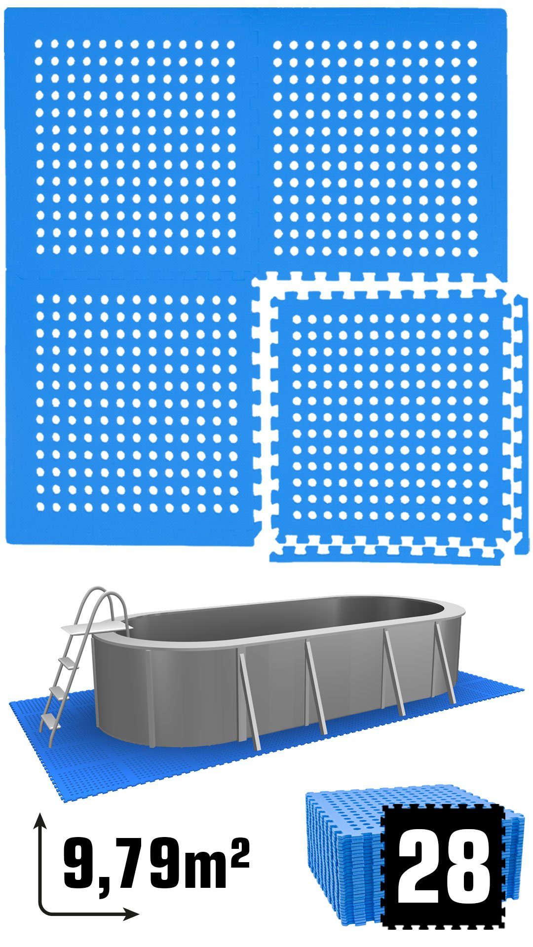 eyepower Bodenmatte 9,8 m² Poolunterlage 28 EVA Matten 62x62 Matte Set, Stecksystem rutschfest Blau