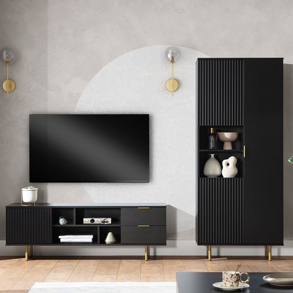 Lomadox Wohnwand NADOR-132, (2-St), in matt schwarz, goldfarbene Metallgrif günstig online kaufen