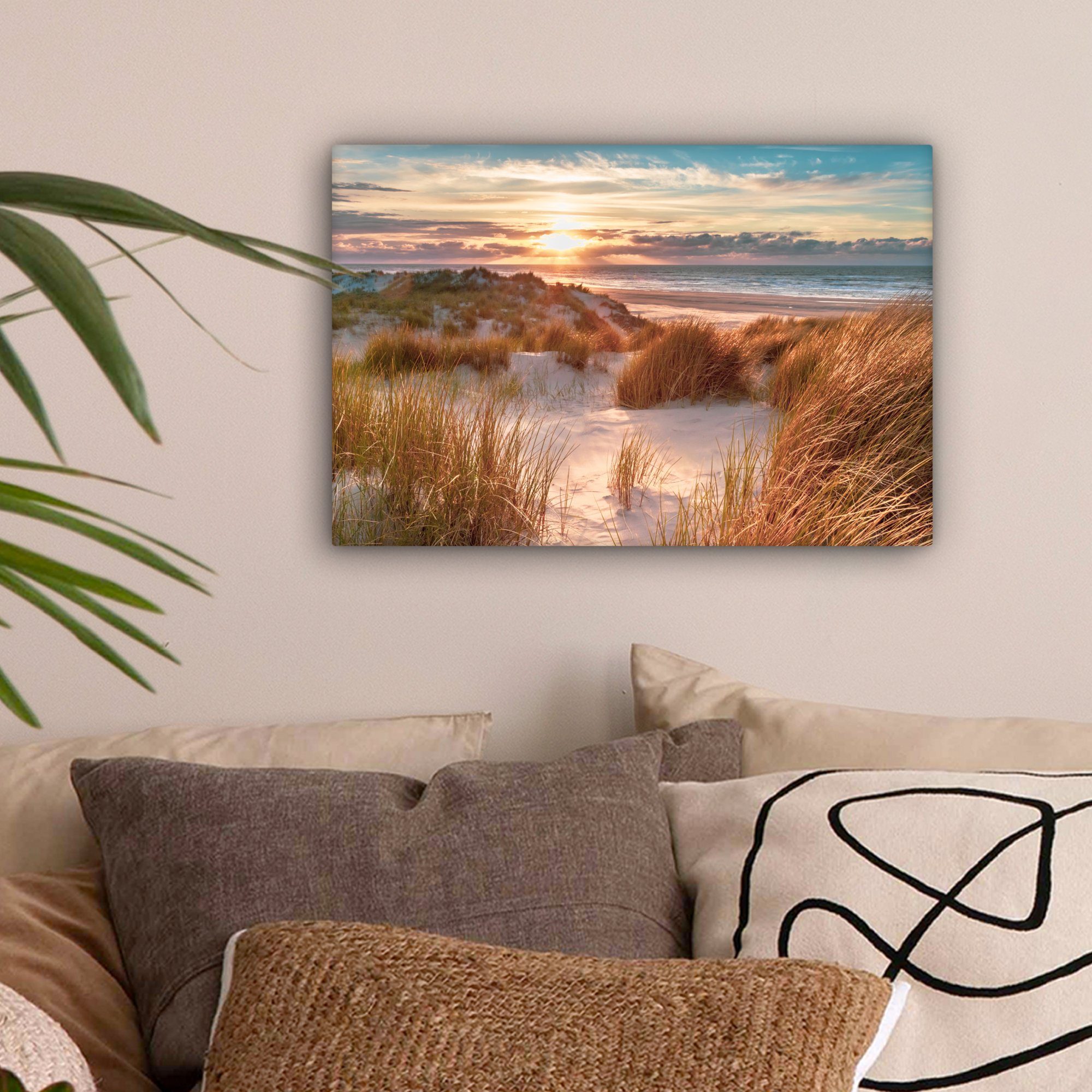 OneMillionCanvasses® Leinwandbild Düne - Pflanzen - Sonnenuntergang - Strand - Meer, Fotodruck (1 St), Leinwand Bilder Klein, Wand Dekoration Aesthetic 30x20 cm