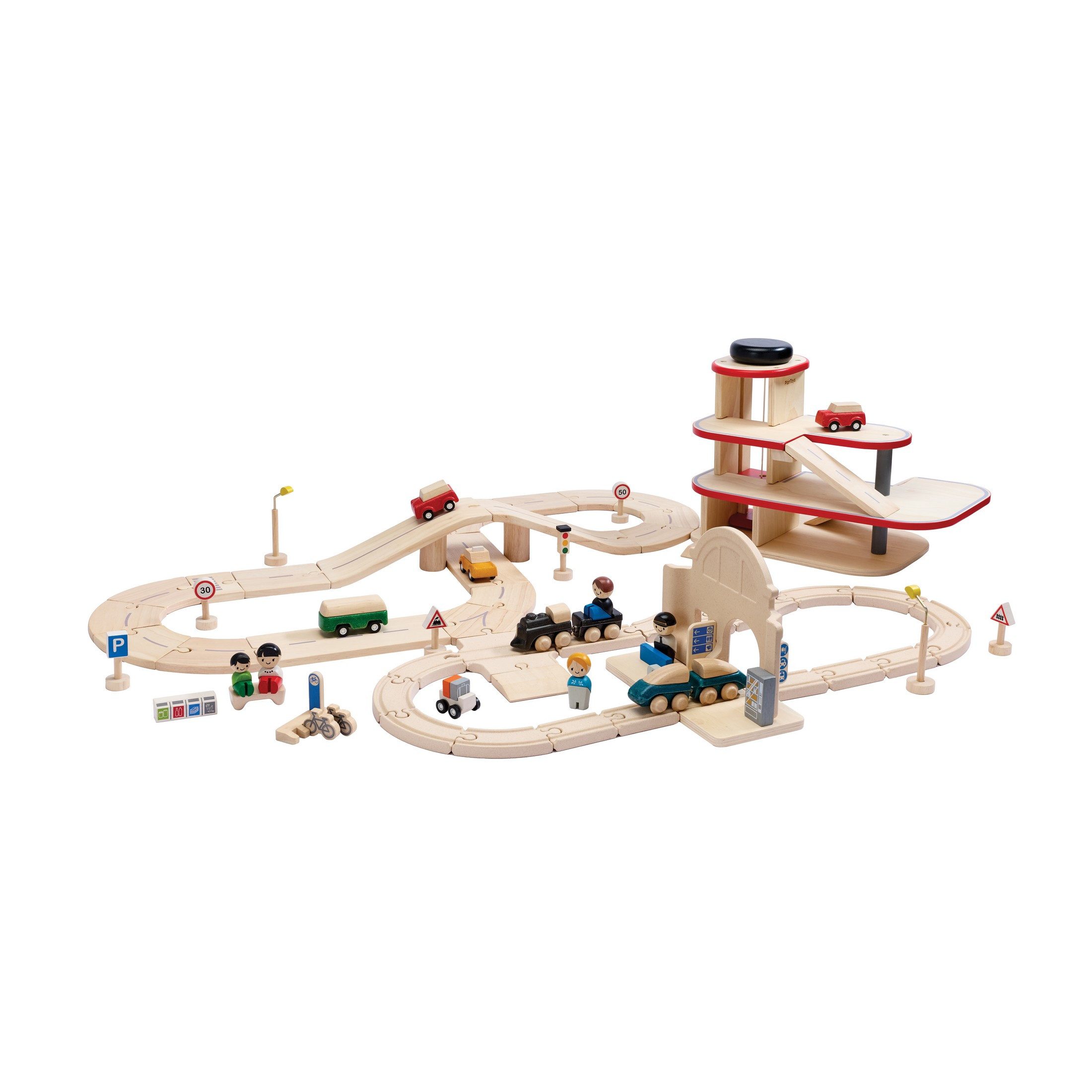 Plantoys Spielzeug-Zug PlanToys- Stadtverkehrs-Schienen- & Straßenset - ab 3 Jahre, (Komplettset, 65-tlg)