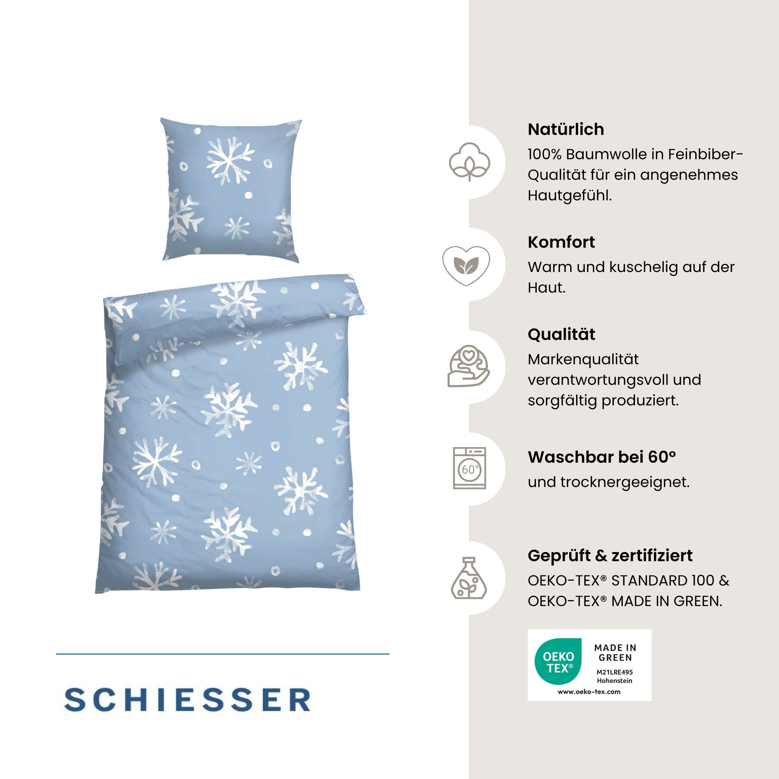 Schiesser Bettwäsche Skadi aus weicher Baumwolle mit weißen Schneeflocken, Feinbiber, 2 teilig, OEKO-TEX® MADE IN GREEN-zertifiziert – Bild 2 von 5