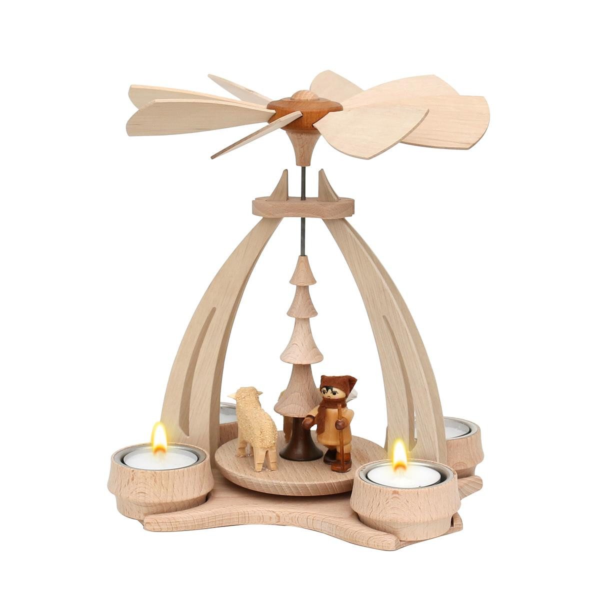 Dekohelden24 Weihnachtspyramide Pyramide aus Buchenholz mit Schafe und Schäfer, für 4 Teelichte geeign