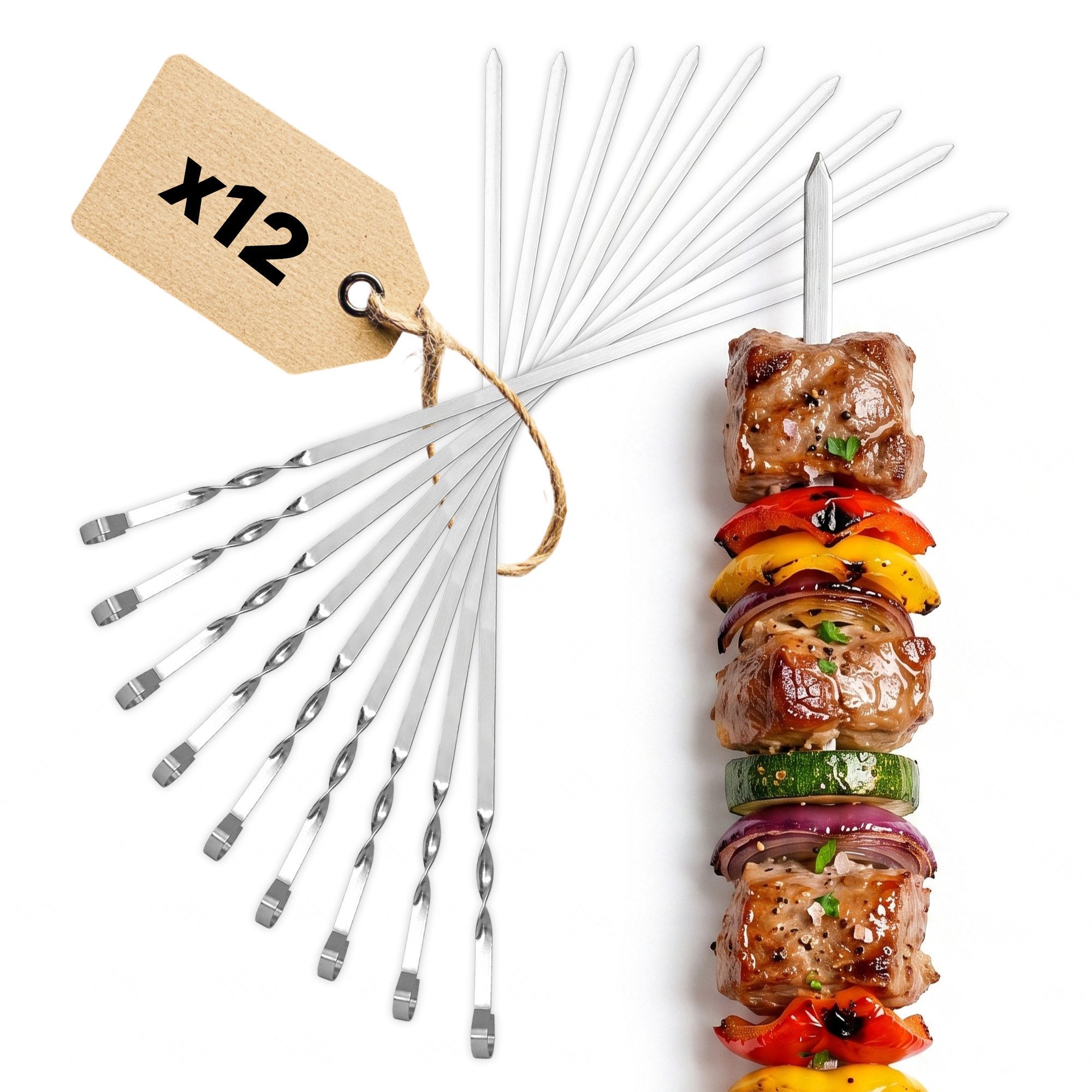 BIG-PAN Grillbesteck-Set BBQ Set 12-teilig – Edelstahl Grillspieße 600 mm Schaschlikspieße