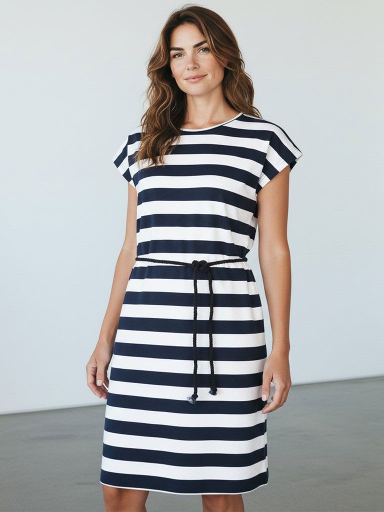 modAS Shirtkleid Damen Kurzarm-Kleid mit Blockstreifen - Streifenkleid mit Kordelband