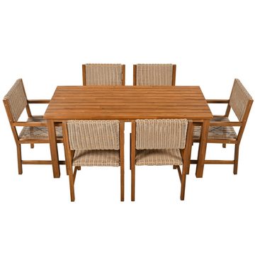 XDeer Gartenlounge-Set Gartenmöbel-Set 7-teiliges Outdoor-Esstisch-Set für 6 Personen, Tischplatte Stuhlgestell aus Akazienholz Lounge-Set aus PE-Rattan