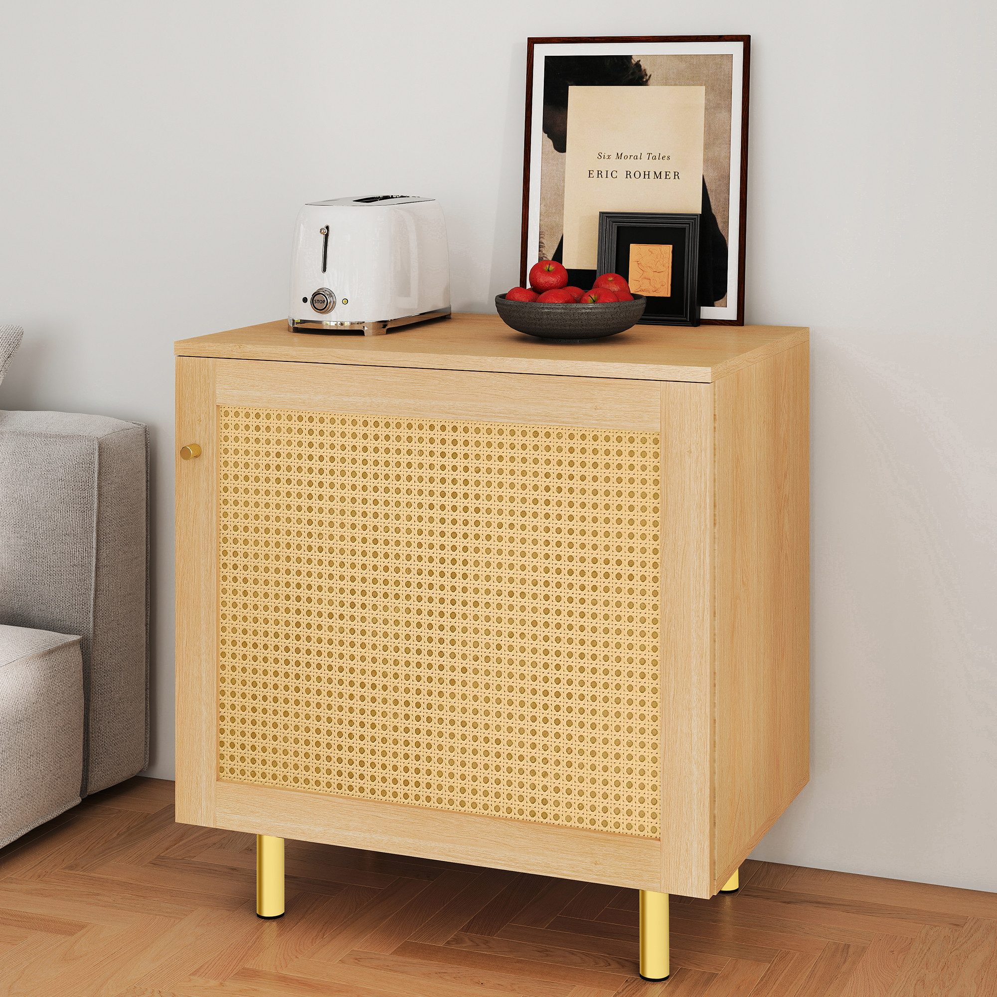 Luckice Sideboard Aufbewahrungsschrank mit Rattan-Tür (Goldene Beine, Natürliches Holzdesign, für Wohnzimmer & Schlafzimmer)