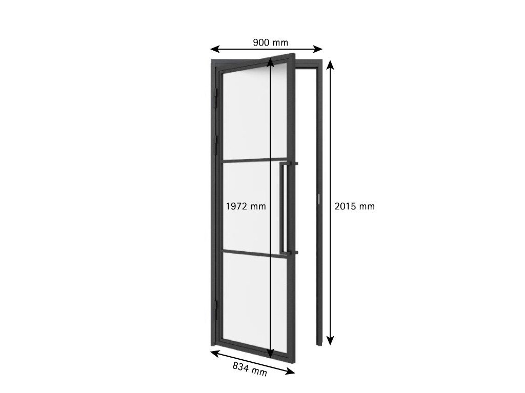 Thumbnail - inova wohnen Zimmertür Loftdrehtür Stahl 3 Felder satiniertes Glas (inkl. Türzarge schwarz und Griffstange), Flügelmaß: ...