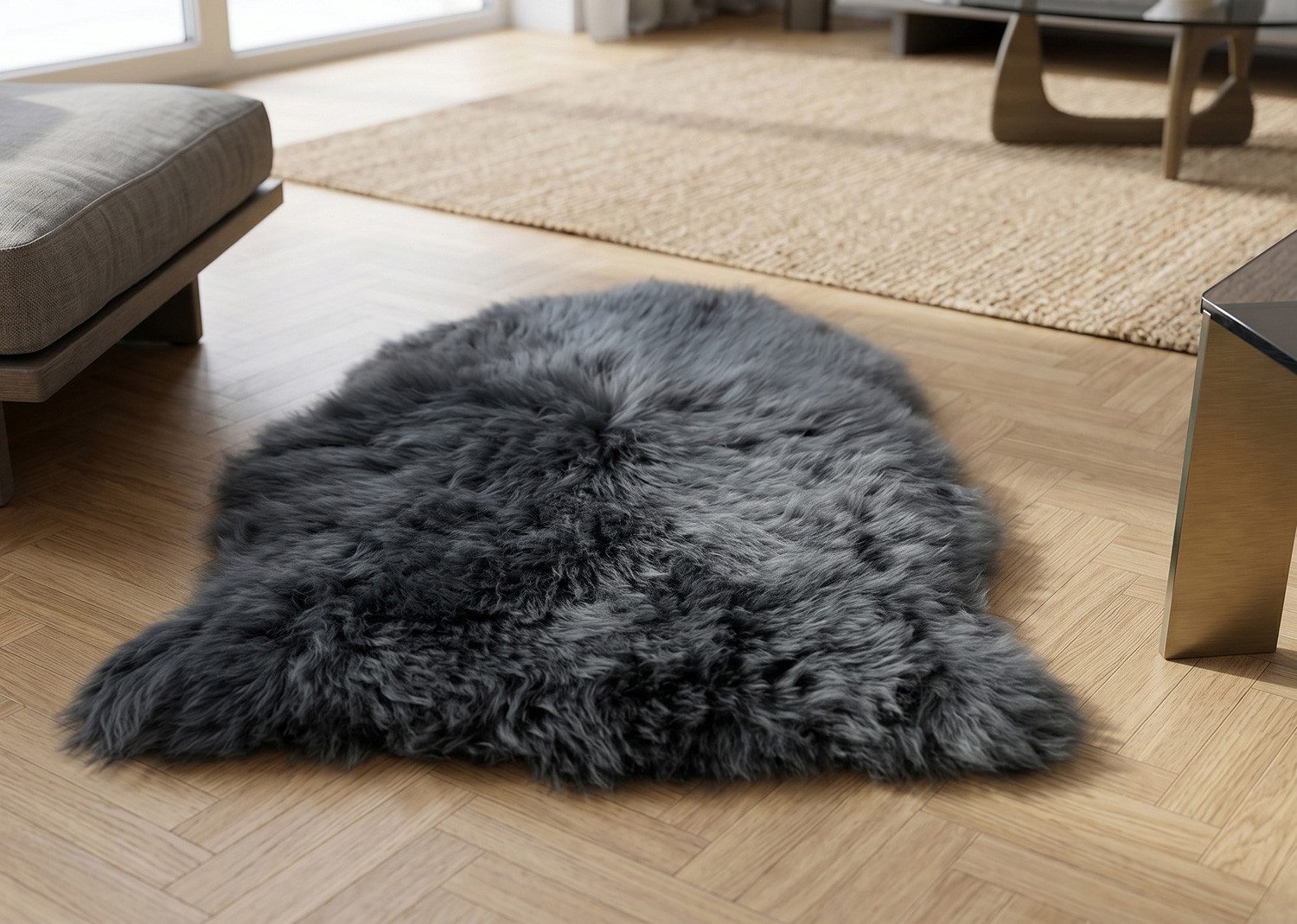 KUHFELL online & NOMAD Fellteppich Eches Lammfell Teppich Läufer Schaffell in Schwarz Grau Weiß Taupe, Atmungsaktiv, Feuchtigkeitsregulierend, Antibakteriell