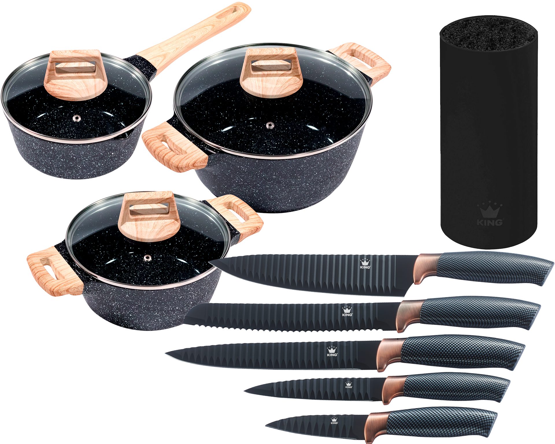 KING Topf-Set »ESSENTIAL« Aluminiumguss, Induktion, Antihaftbeschichtung, Aluminiumguss (Set, 12-tlg., 2 Töpfe, 1 Stieltopf, 3 Glasdeckel), inkl. 5 Küchenmesser, 1 Messerblock