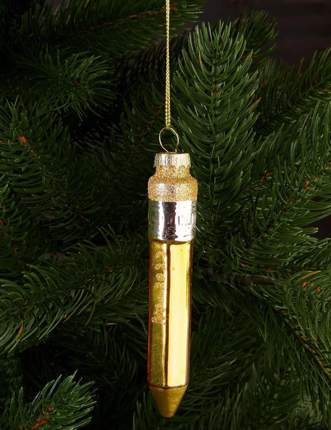 12cm Handbemalte Weihnachtsbaumkugel Radiergummi Christbaumschmuck Bleistift Weihnachtskugel - Stift Weihnachtsdeko BRUBAKER Gold mit Baumkugel Glitzer - aus Glas - (1 St), -