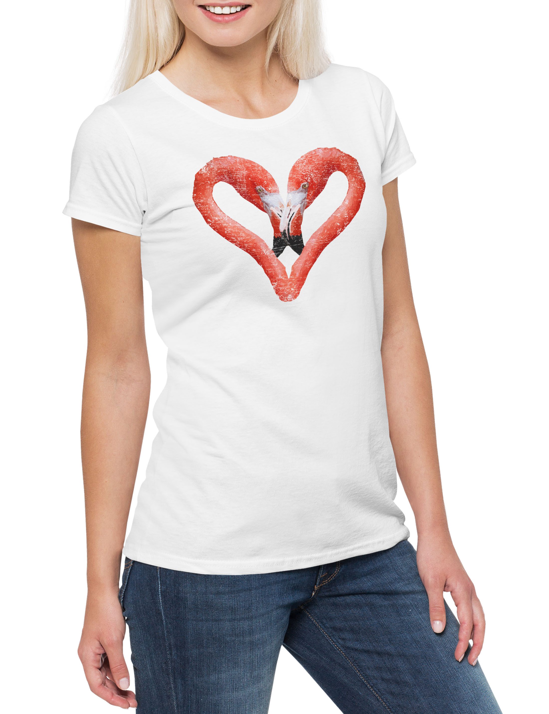 Print-Shirt Flamingo Heart I Damen T-Shirt Herz Love Liebe Unicorn Vogel Einhorn