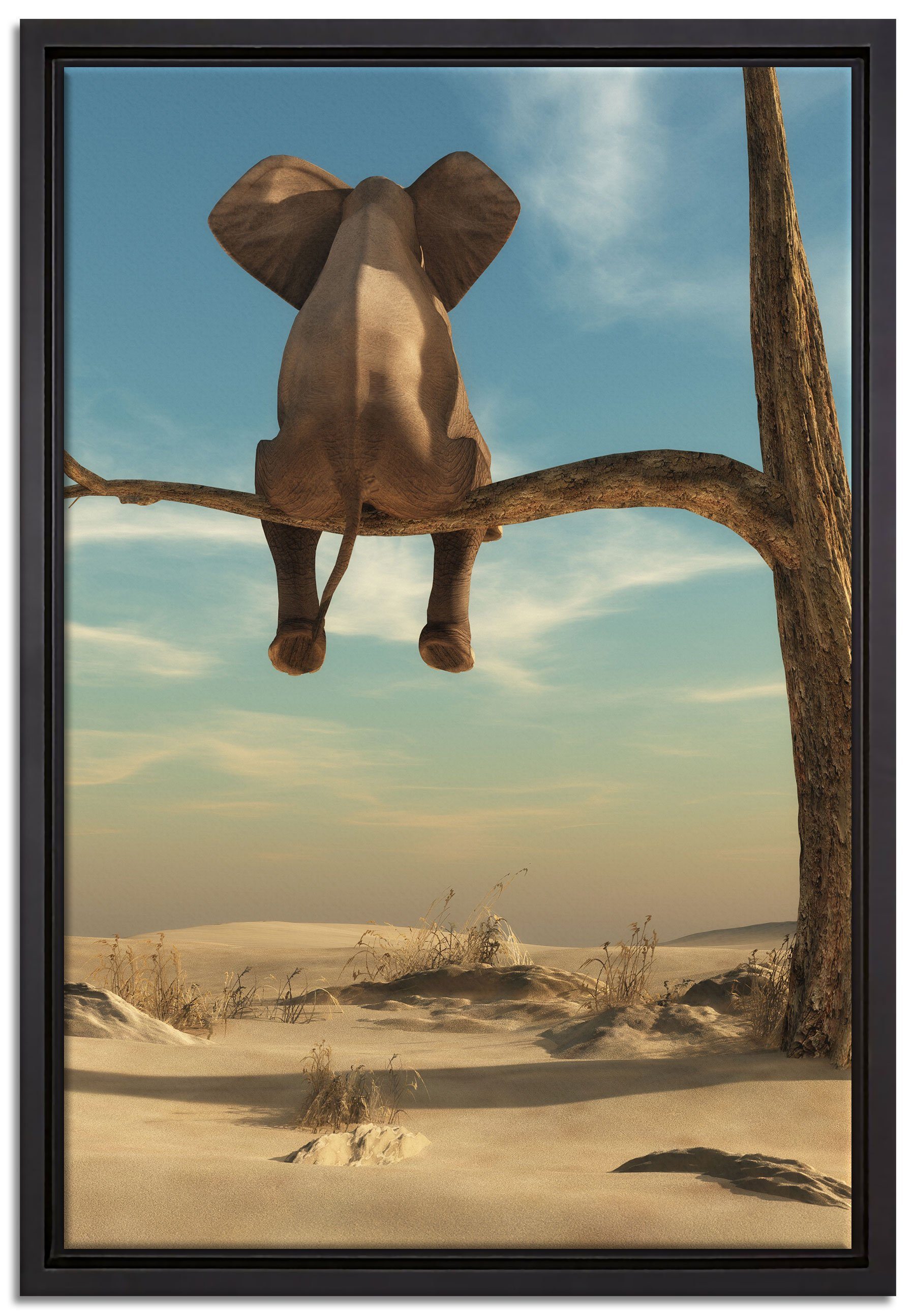 Pixxprint Leinwandbild Elefant auf einem Ast in der Wüste, Wanddekoration (1 St), Leinwandbild fertig bespannt, in einem Schattenfugen-Bilderrahmen gefasst, inkl. Zackenaufhänger