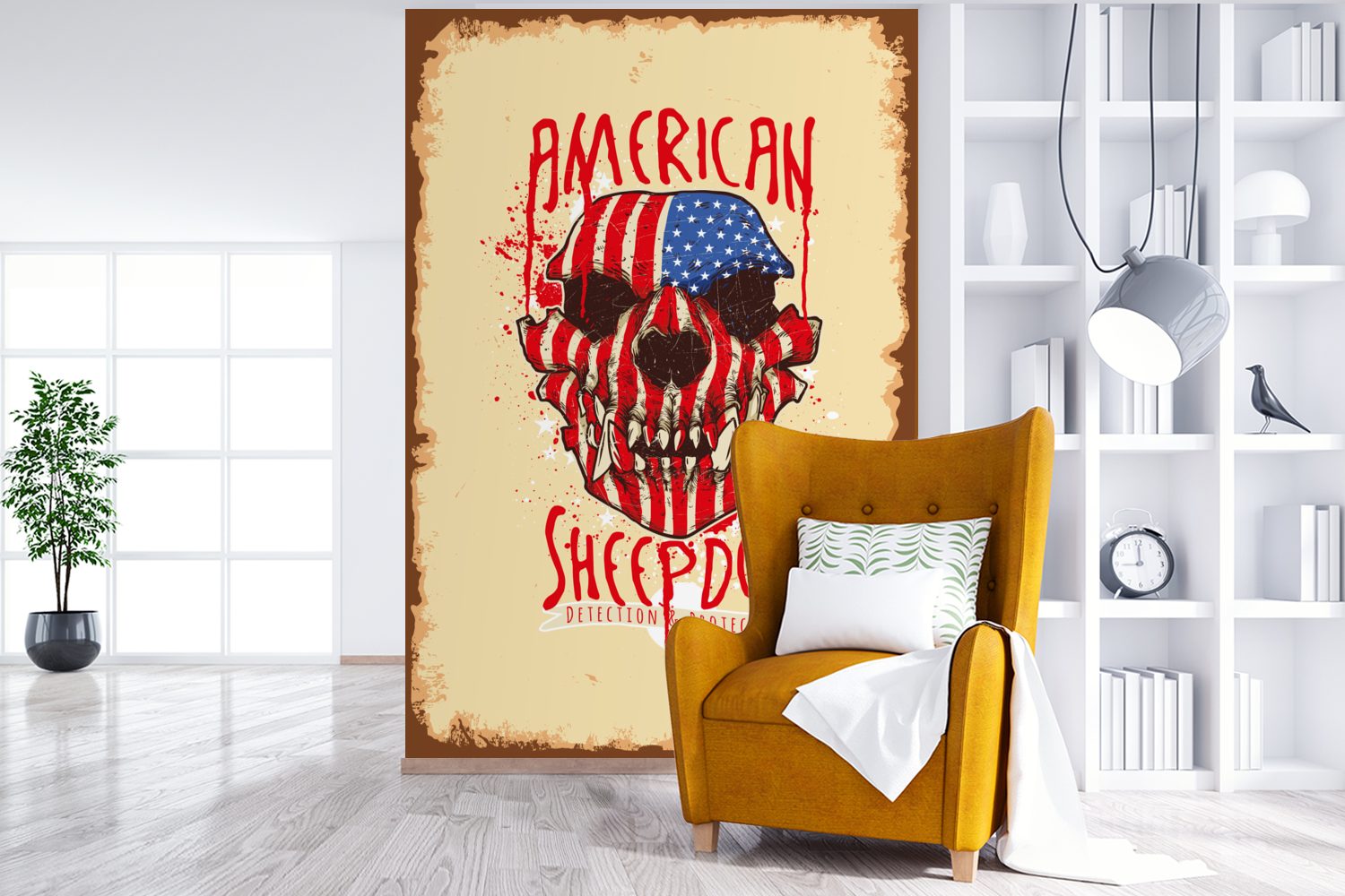 Hund, Amerika bedruckt, Fototapete Montagefertig Wandtapete (3 St), - für Wohnzimmer, Vinyl MuchoWow - Tapete Matt, Jahrgang