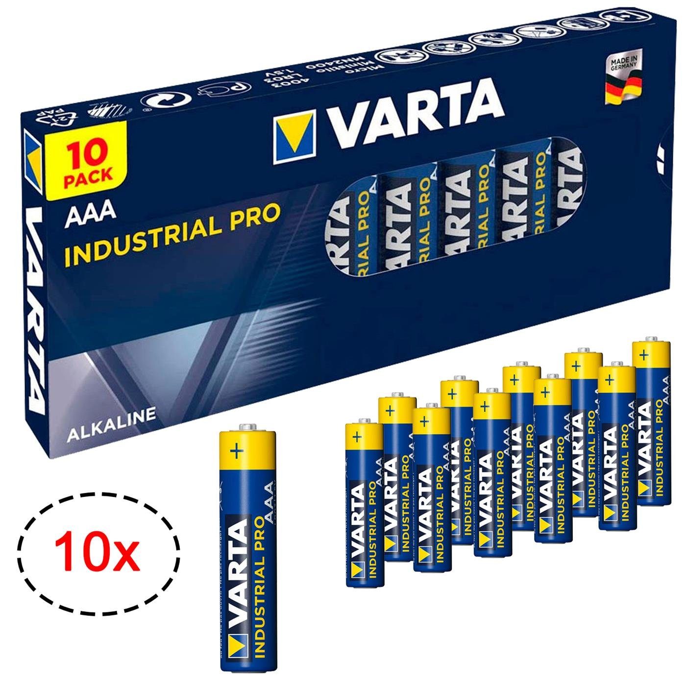 VARTA 10er Pack AAA Industrial Alkaline Micro Batterie, (1,5 V, 10 St), Made in Germany Batterien 1,5V für Taschenlampe Spielzeug Wand Uhr