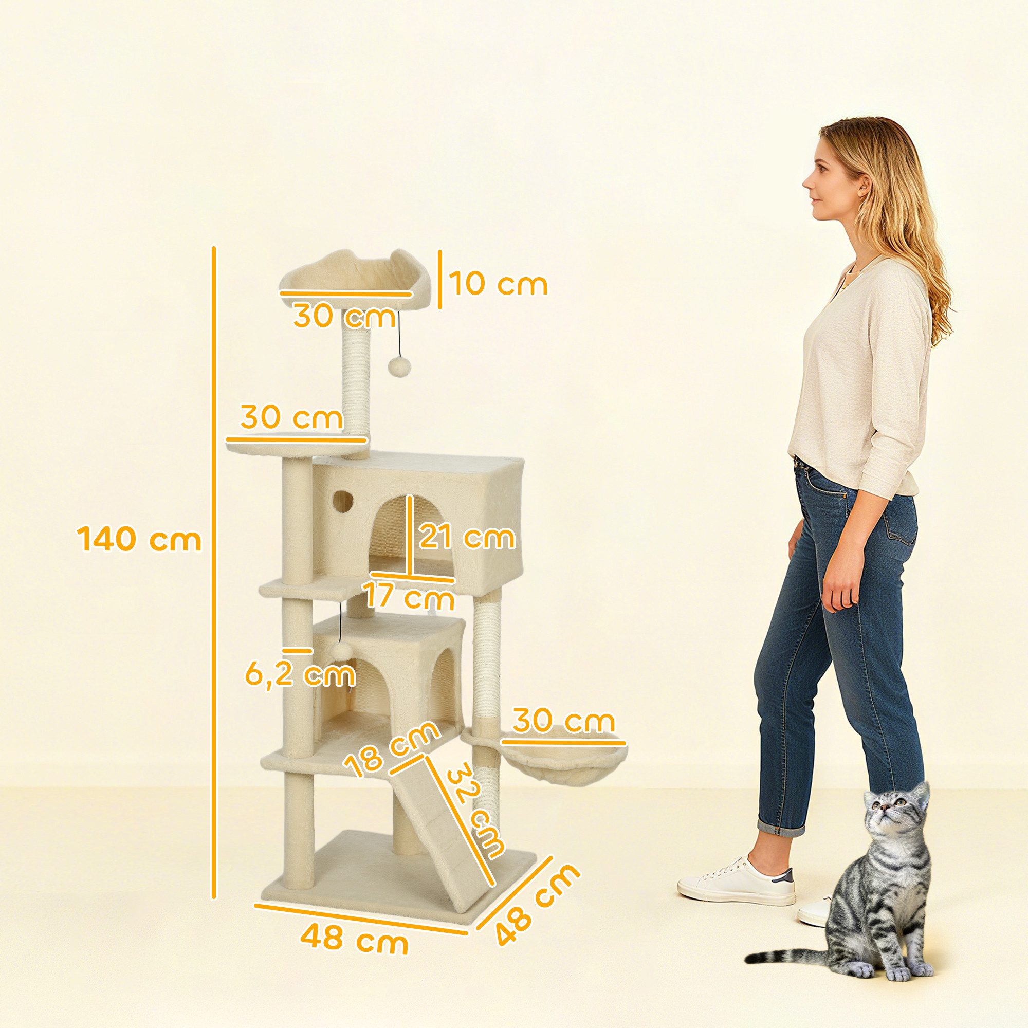 PawHut Kratzbaum 140 cm Katzenturm mit Hängematte, Leiter, Höhle, 2 Plüschballen, Sisalstämme, große Plattform, für Katzen unter 5 kg, Beige