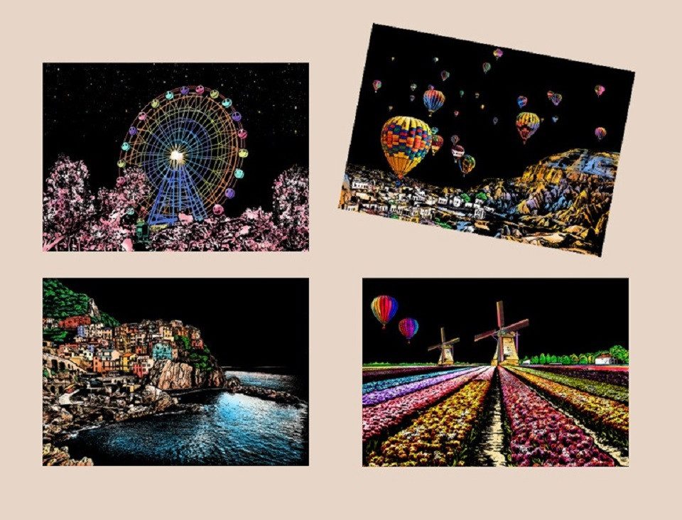 101DIYStudio Kreativset Kratzbilder A4 Scratch Card mit Landschaften 4er Set, (Geschenk zu Geburtstag, Weihnachten)