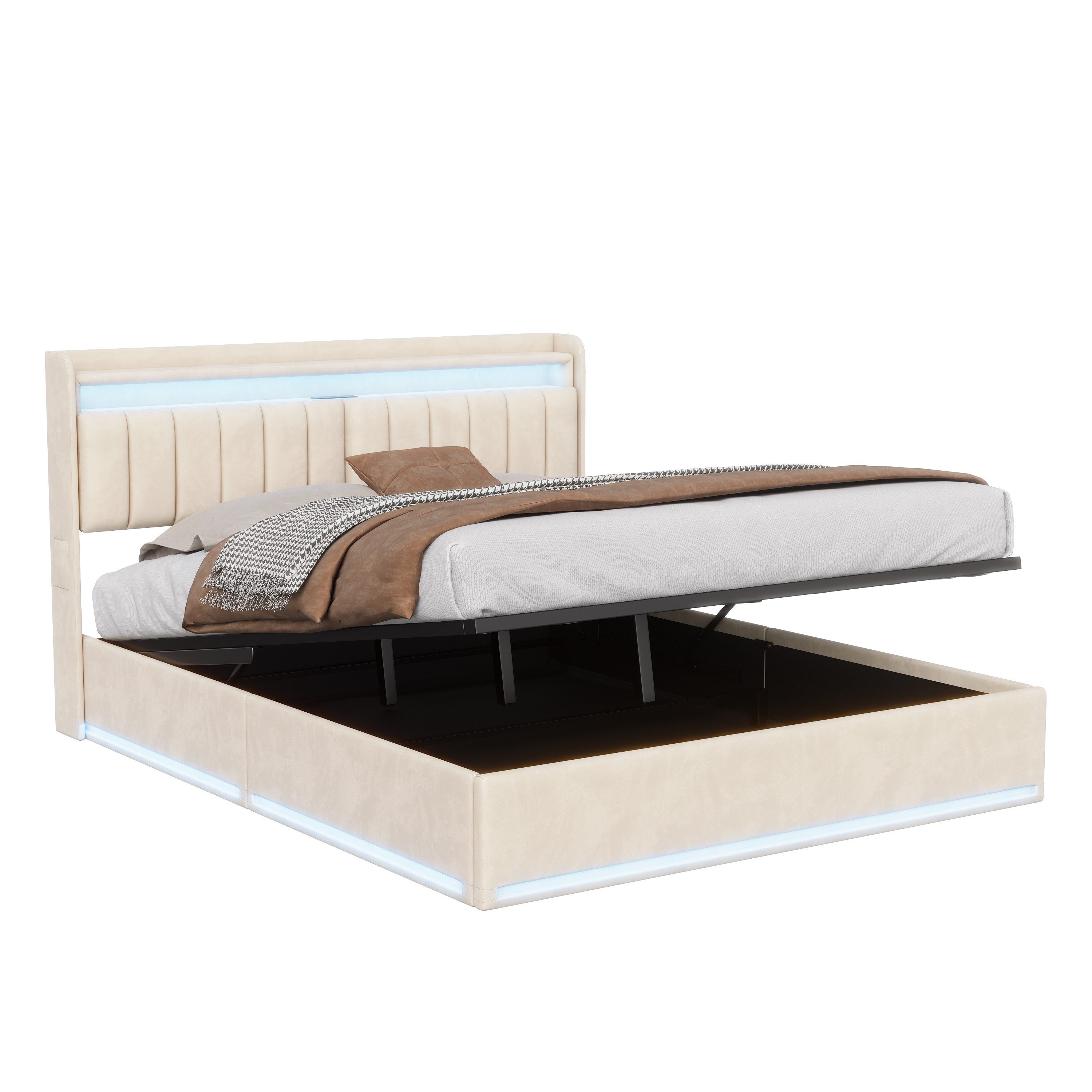 PXloue Polsterbett LED Doppelbett, Bettkasten, Ladefunktion, Samt, 160x200 günstig online kaufen